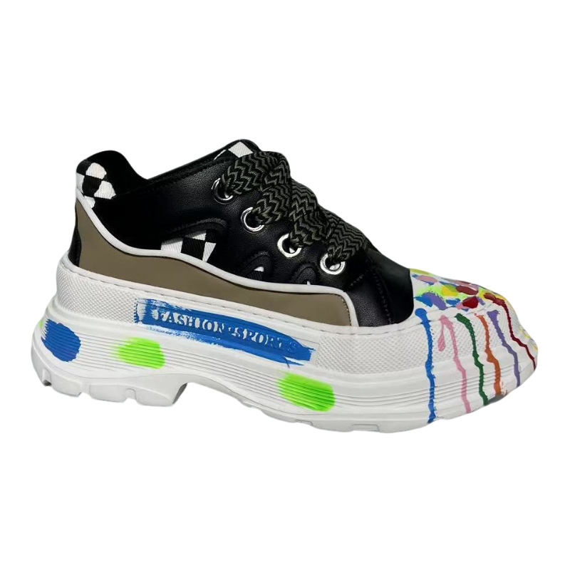 Men's shoes for young men 2024 new spring personalized graffiti thick soled platform shoes men's lace up low top sneakers men_voghion.com