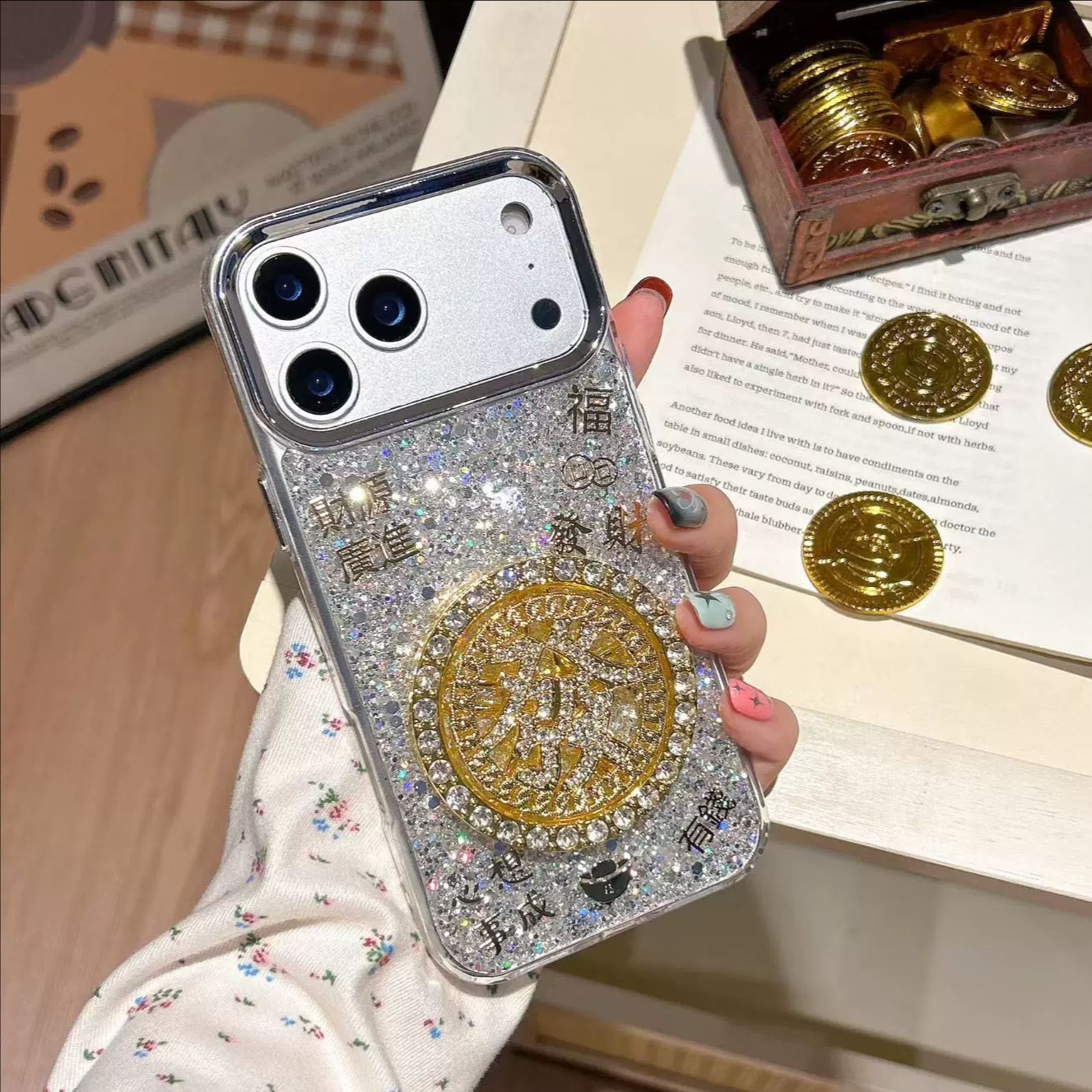 适用苹果18promax手机壳iphone17滴胶闪粉转盘美元发财16pro新款X