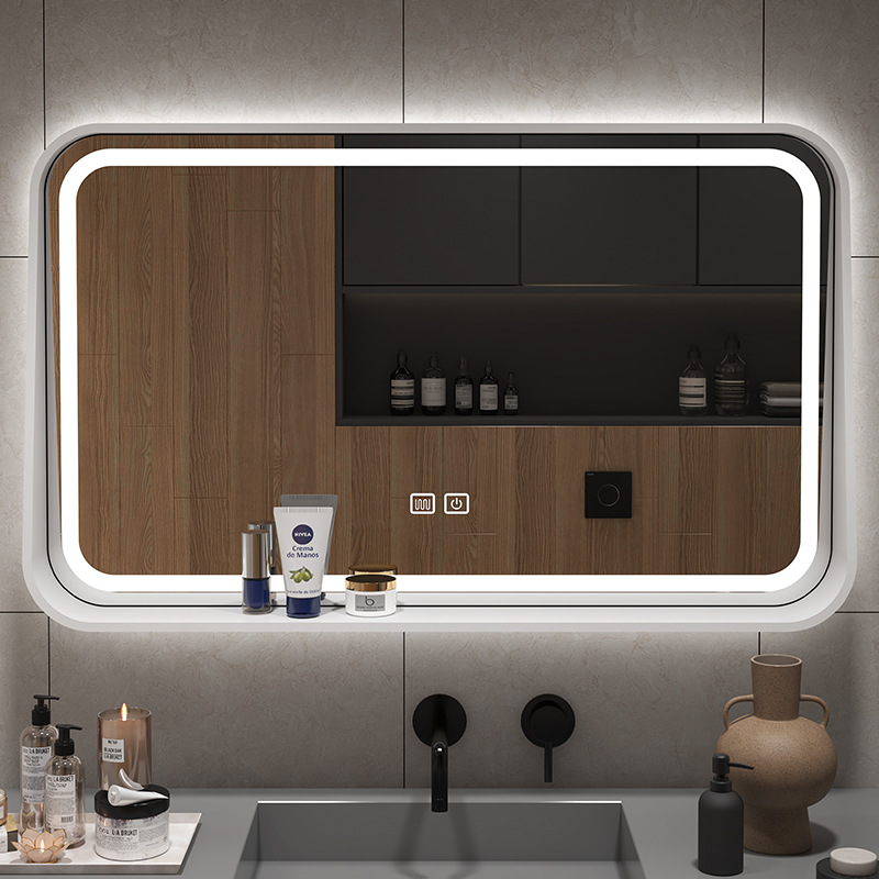 New Bathroom Mirror, Bathroom Waterproof and Moisture-Proof, Intelligent Adjustment of Light Color, Wall-Mounted Rounded Corner Storage Mirror, Simple Makeup Mirror