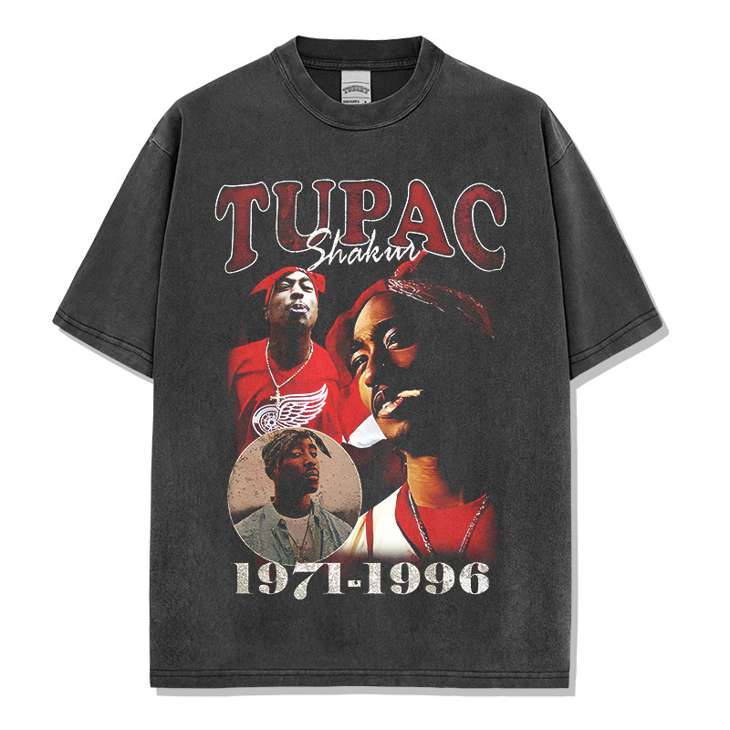 Cross-border Retro American Hip Hop TUPAC Printed Short-sleeved T-shirt Washed Old Heavy Loose Round Neck Small Neck Trendy