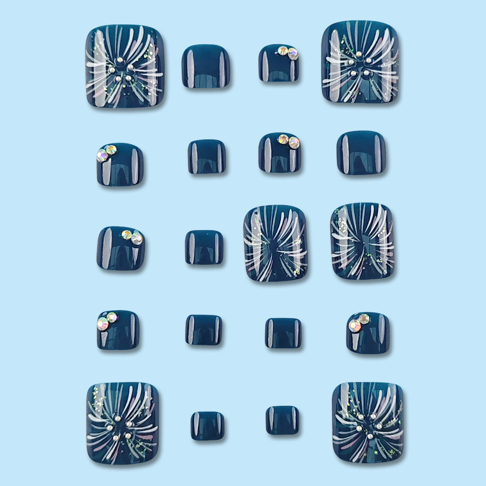 Esbozo de brillo azul oscuro con uñas de pie con perlas adornadas con elegante parche de uñas de pie de moda transfronteriza image 4