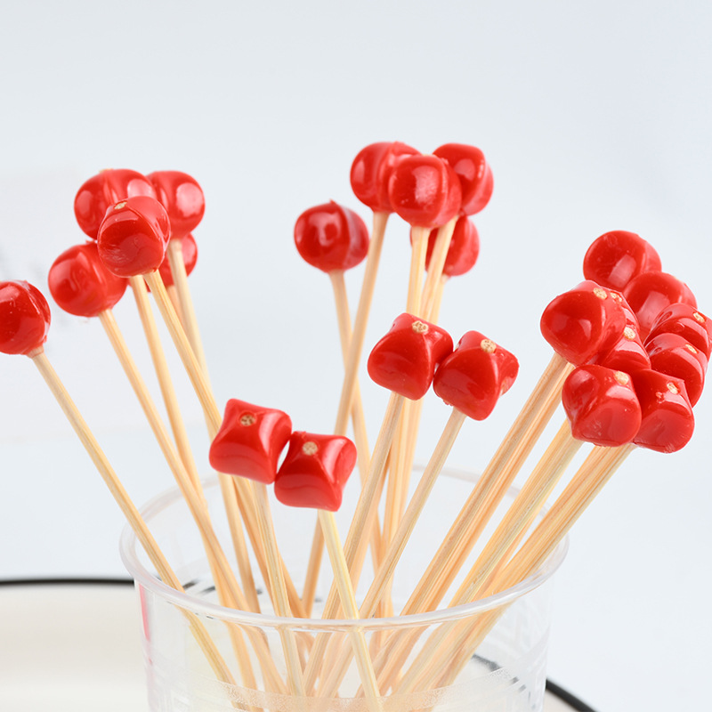 Tenedor de fruta desechable cuentas rojas barra de vino de bambú de lujo hamburguesas pastel de fruta tenedor de fruta creativo