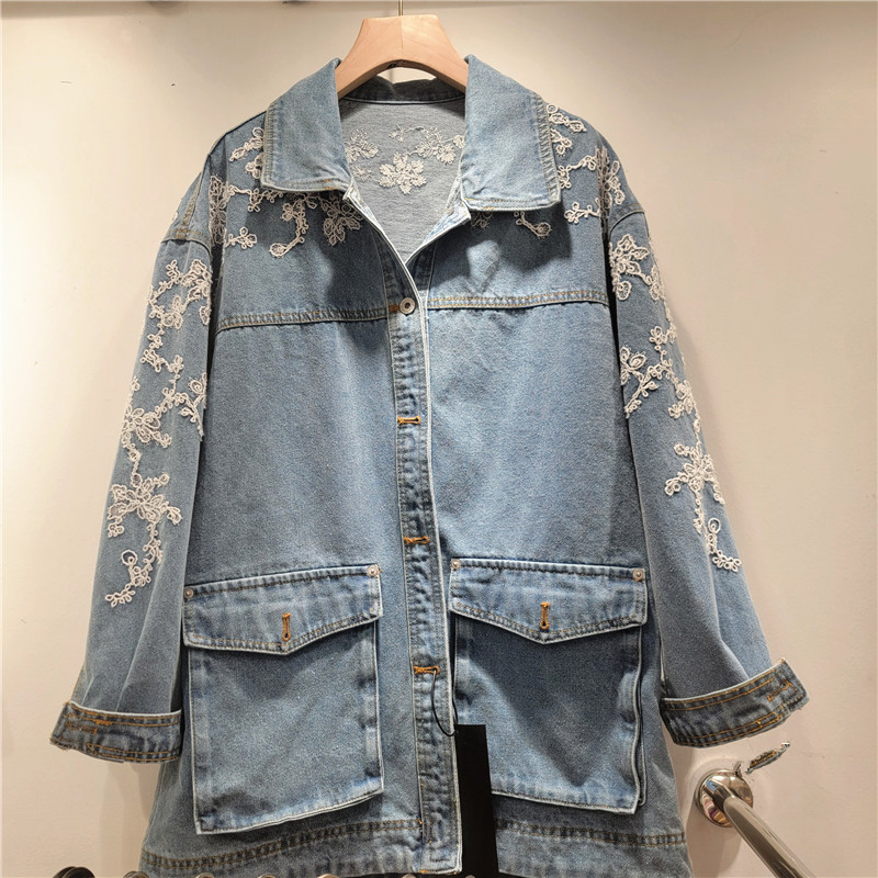 Chaqueta Vaquera con Bordado Floral de Poliéster, Holgada de Manga Larga para Primavera