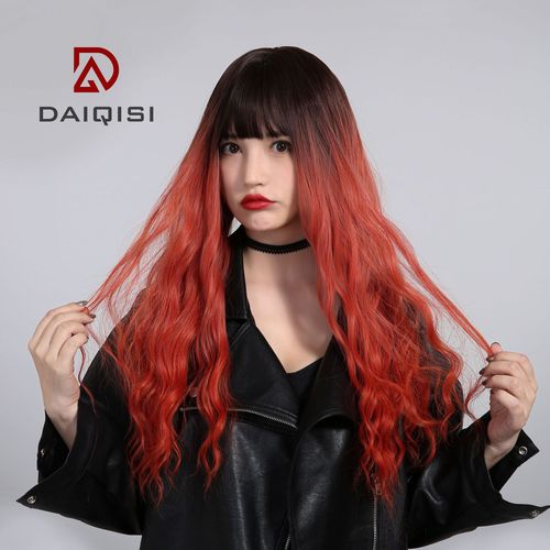Eulseo Korean Three-Color Gradient Long Wavy Synthetic High-Fidelity Hairpiece Fashion Women's Straight Bangs Full Head Wig
