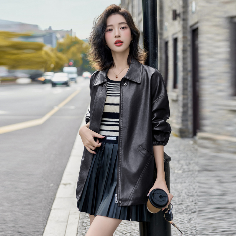 专柜绵羊皮皮衣女2025新款时尚翻领中长款皮外套女士百搭气质风衣|undefined