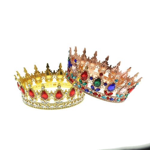 Cross-border European and American bridal jewelry large round crown headdress colorful baroque retro hair accessories crown full of diamonds