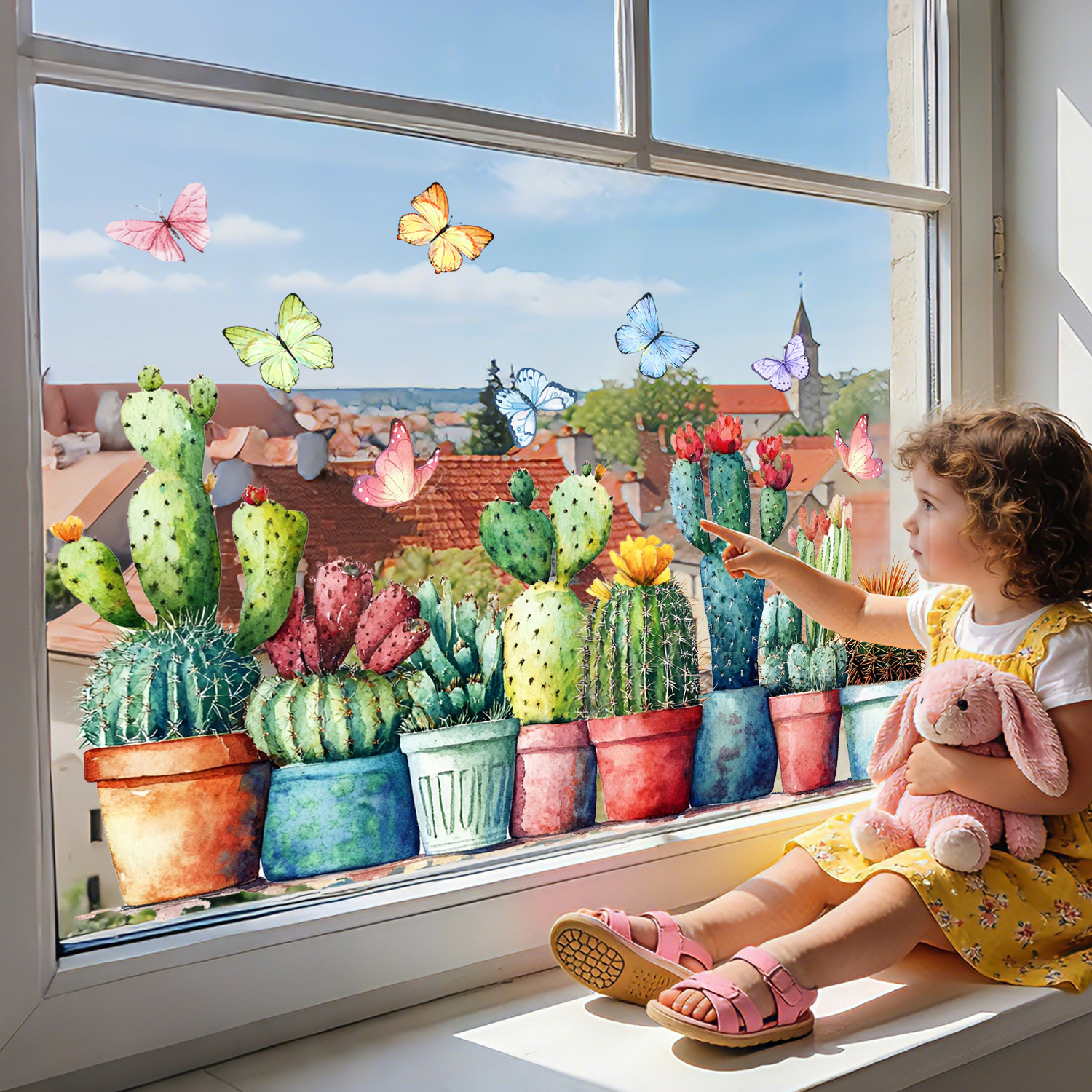 Watercolor Potted Cactus And Butterfly Static Window Wall Sticker_voghion.com