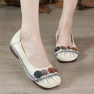 2022 Top Layer Cowhide Flat Casual Women's Shoes Ethnic Style Genuine Leather Women's Single-Layer Shoes Comfortable Breathable Middle-Aged and Elderly Moms Shoes