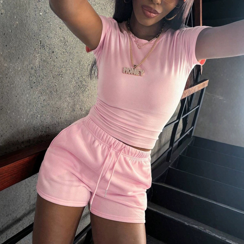 European and American Women's Clothing Cross-Border Foreign Trade Wholesale Amazon Independent Site Sports Casual Suit Short-Sleeved Shorts Two-Piece Set for Women