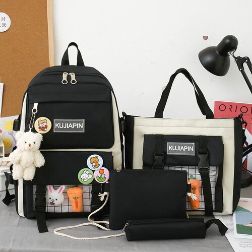 Backpack New Student Korean Style Casual Mother and Child Bag Four-piece Canvas Women's Bag Cute Harajuku Large Capacity Backpack