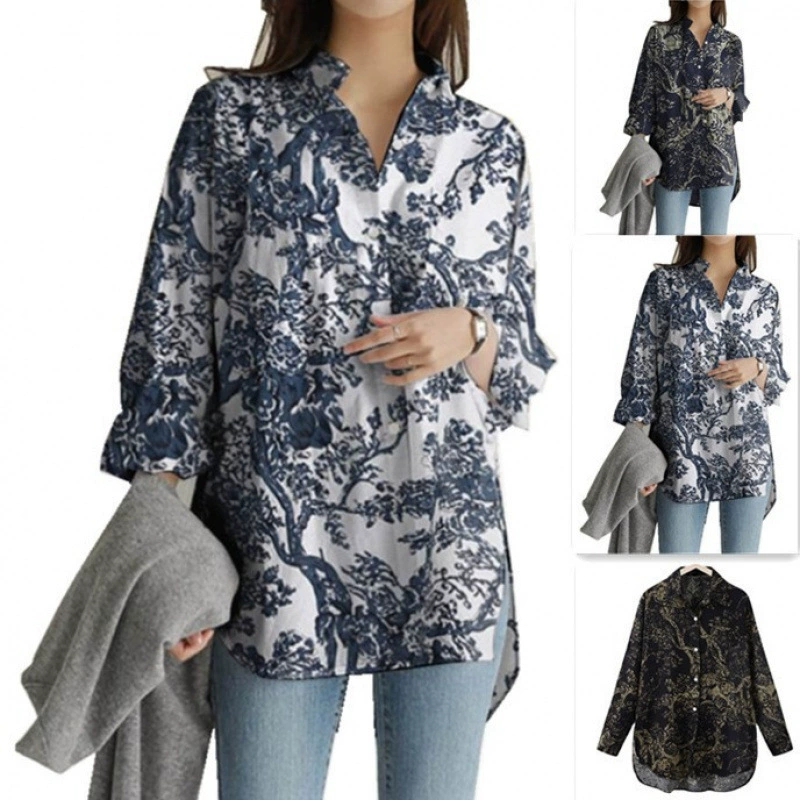 2025 Европейские и американские новые популярные осенние женские рубашки с цифровой печатью, асимметричные, с длинным рукавом, повседневные топы