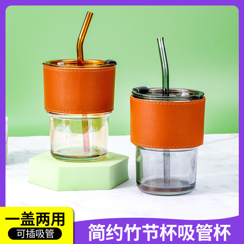 New Wholesale Bamboo Cup, Light Luxury Glass Cup, High-End Transparent Household Cup with Lid and Straw, Ins-Style Feng Shui Cup