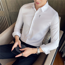 春装新品推荐男式长袖衬衫个性十字刺绣韩版修身纯色男士商务衬衣