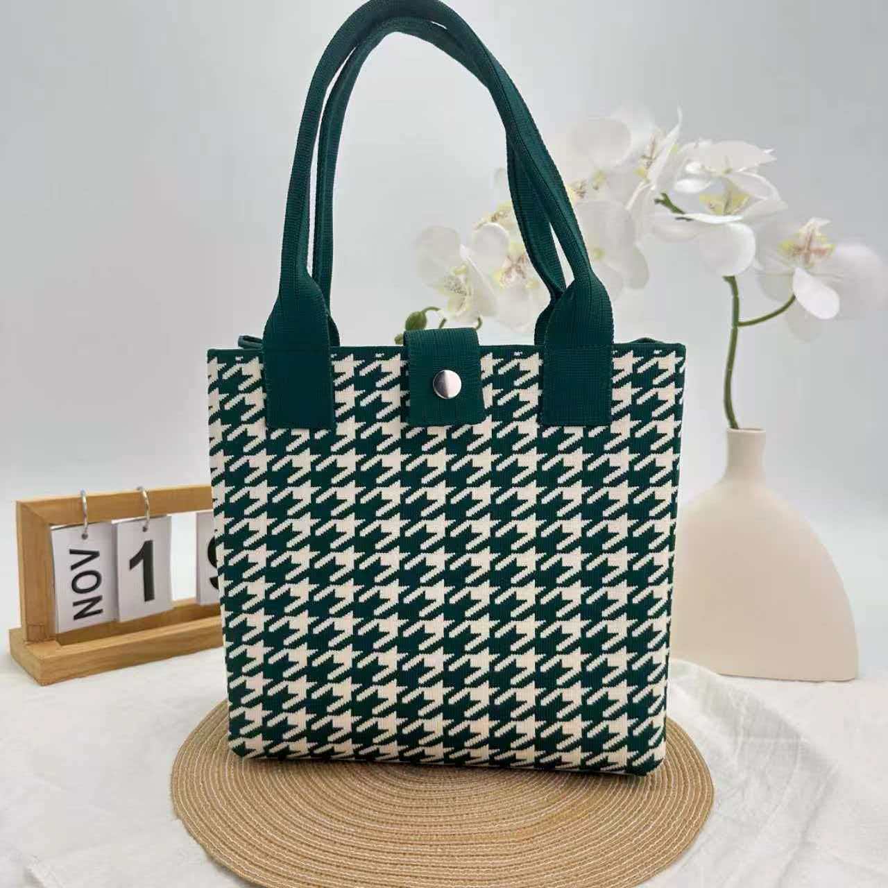 Houndstooth Knit Structured Large Capacity Square Handbag 9
