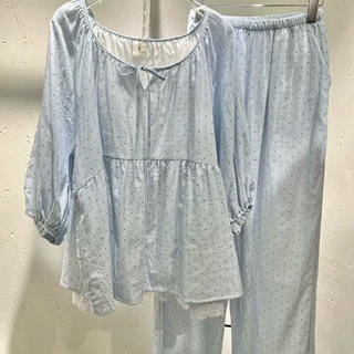 2026夏季新款少女风蓝色纯棉睡衣宽松短袖长裤家居服两件套可外穿