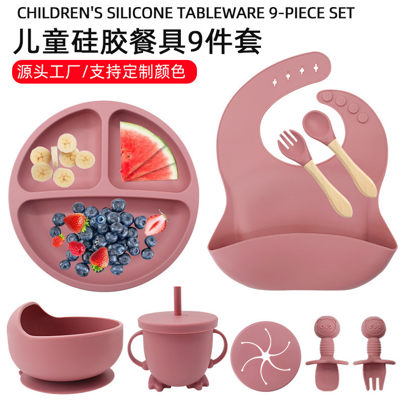 Vajilla de silicona de punto transfronterizo, tenedor, cuchara, taza para beber, suplemento alimenticio para niños, juego de 9 piezas, plato de ventosa, babero, plato de comedor, ventosa a prueba de caídas