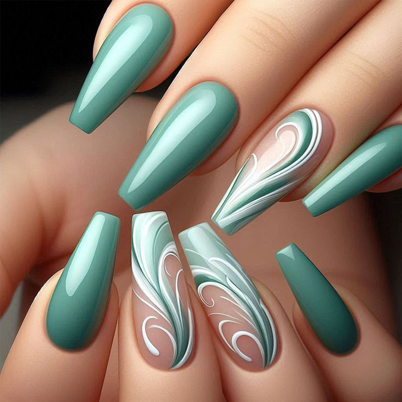 Cross-Border Best-Selling European and American Style Wearable Nail Tips, Short Ballet-Shaped Dark Green Plant Leaf Solid Color Nail Art, Simple Fake Nails