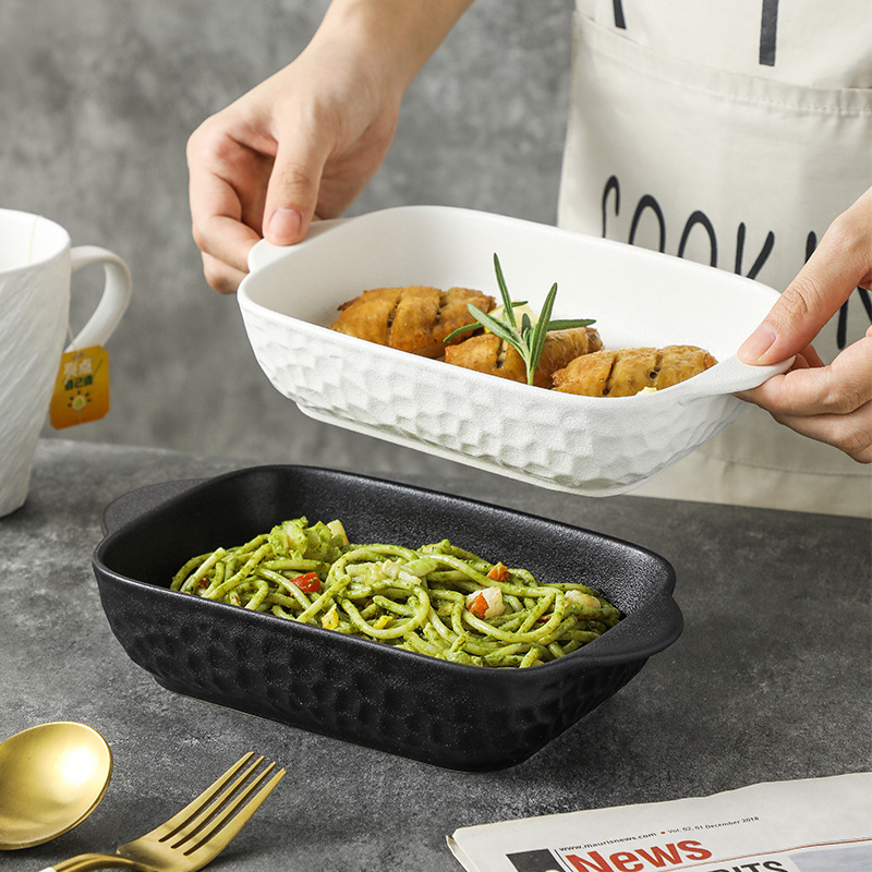 Japanese Tableware Stone Pattern Double-Ear Baking Pan Ceramic Baked Rice Bowl Cheese Baked Rice Plate Household Microwave Plate