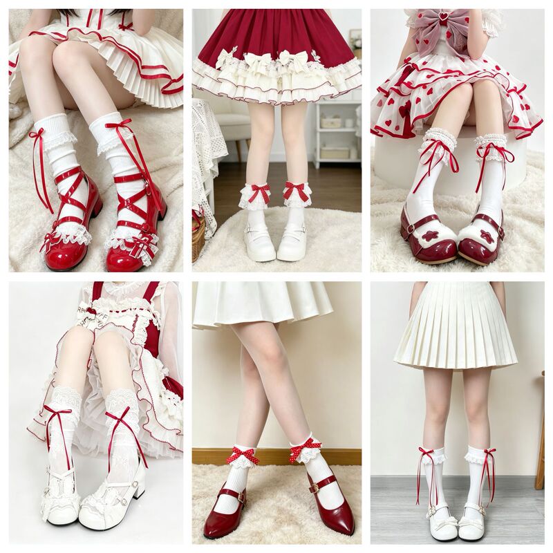 Red Lolita Socks Collection: Cute Bow-Knot Mid-Calf Socks Paired with Lolita Dresses, Calf Socks, and Slouch Socks