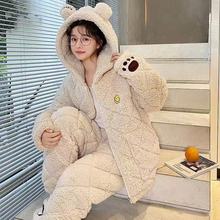 珊瑚绒睡衣女秋冬季可外穿加厚保暖三层夹棉家居服睡衣女款秋冬