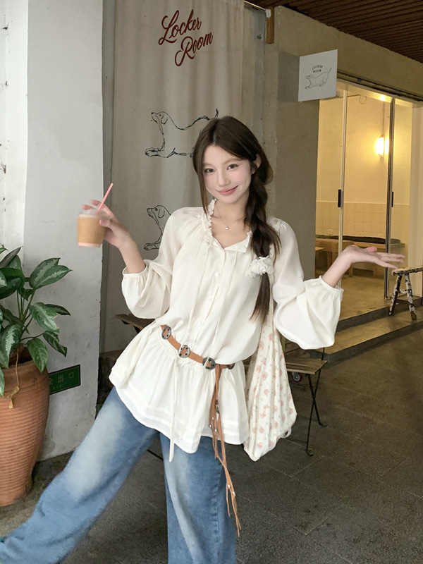 法式边腰带收腰长袖衬衫女装秋季气质系带修身显瘦超好看上衣|undefined