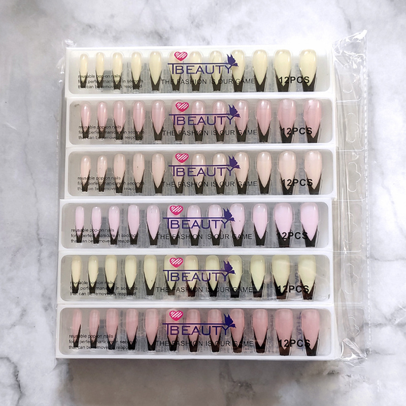 Parche de uñas postizas francés negro europeo y americano piezas de uñas para uñas 12 piezas de uñas portátiles superlargas en caja de plástico al por mayor nails