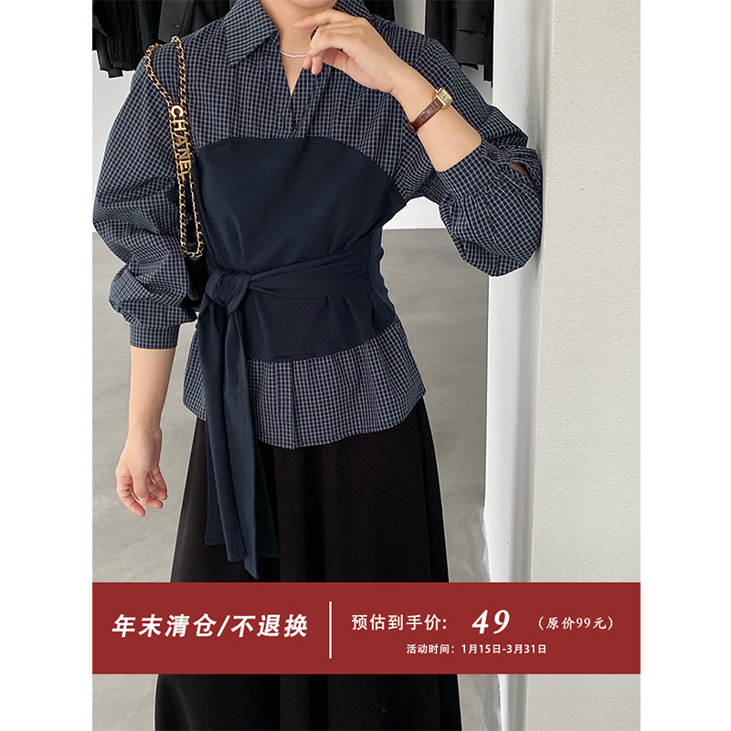 【Special Offer, No Returns or Exchanges】Jiangzuo Korean-Style Design Patchwork Tie-Up Plaid Shirt for Women, Fake Two-Piece 6333