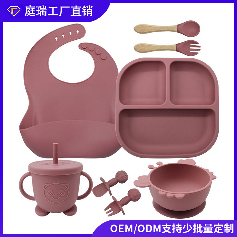 Juego de vajilla para niños suplemento de alimentos para bebés placa tenedor babero silicona británico compartimiento resistente a la caída comer lechón tazón