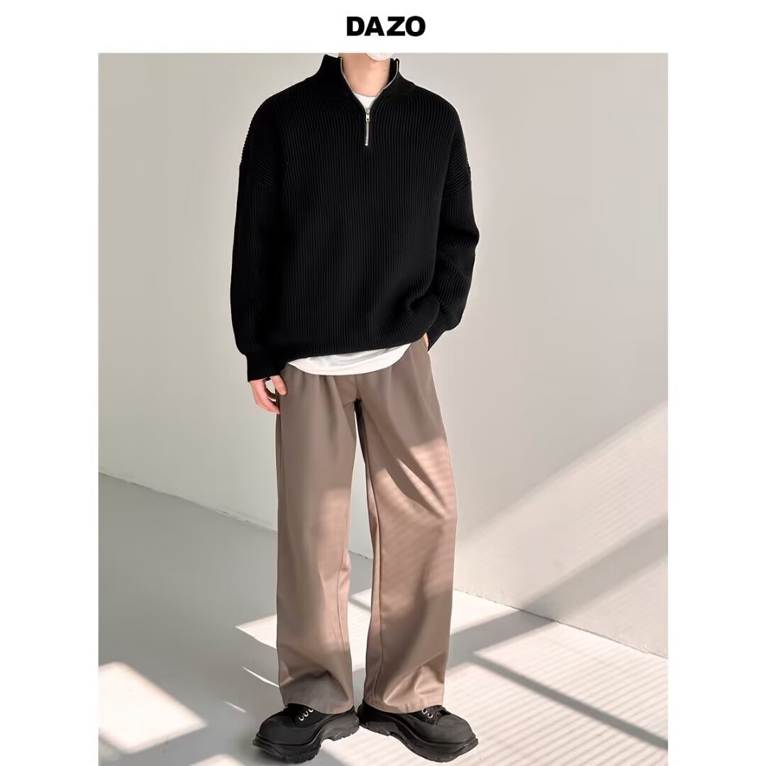 Suéter masculino de malha com meio zíper – Pulôver estiloso com tecido respirável e resistente a manchas (cinza/preto/azul/cáqui, tamanhos M-3XL)_voghion.com