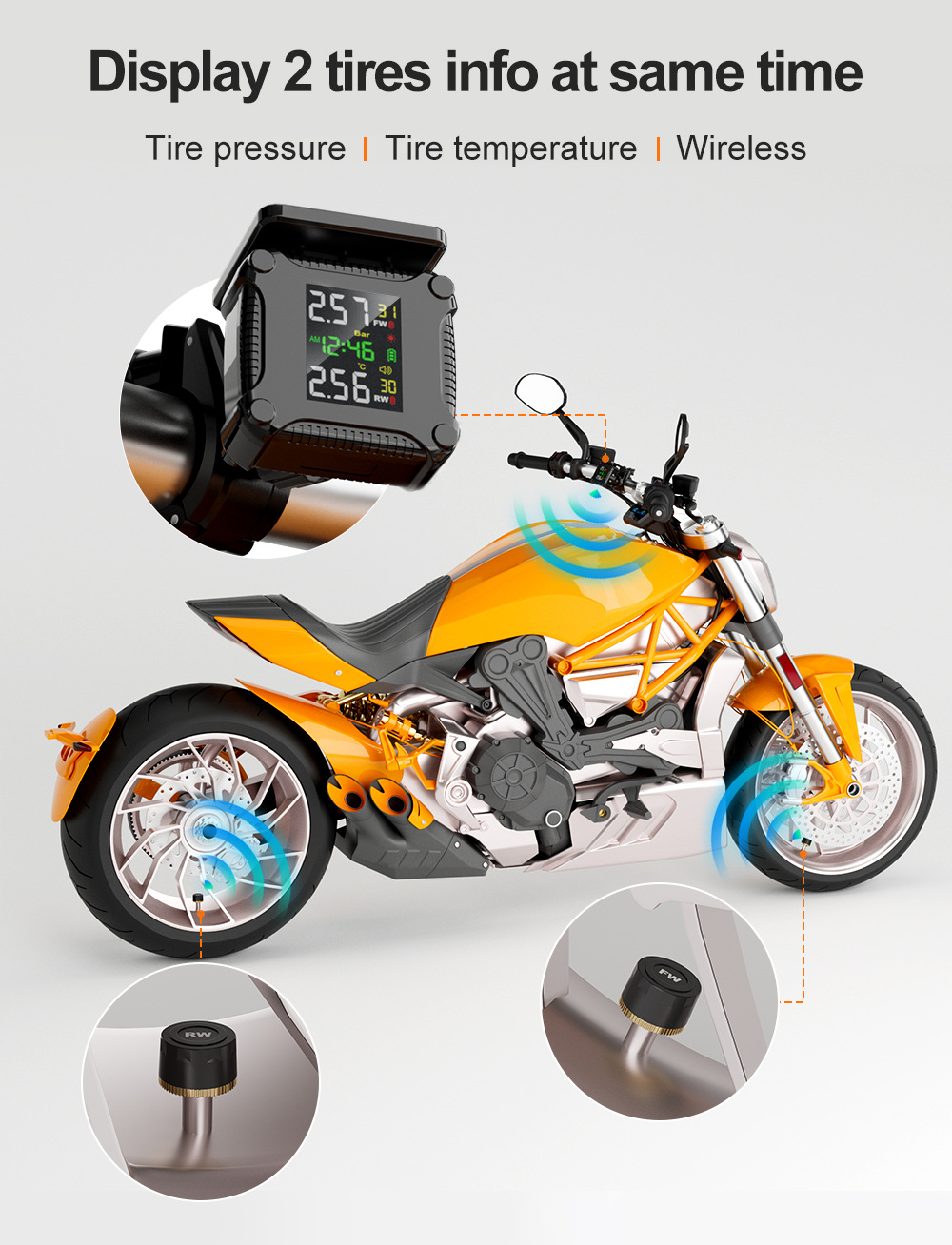 Motorcycle Tire Pressure Monitor, Motorcycle Tire Pressure Solar-Powered High-Precision Sensor Detector, Portable