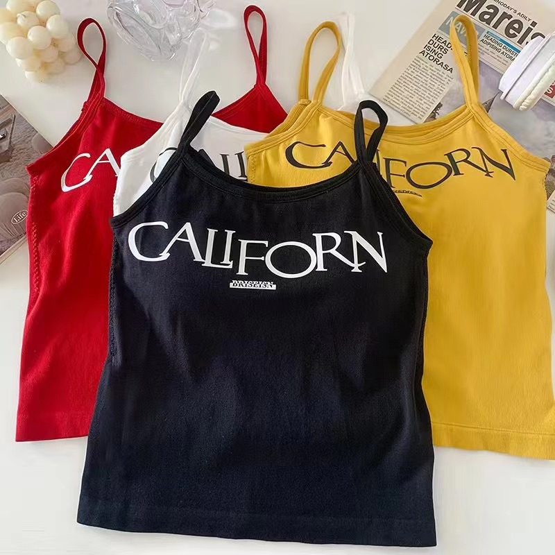 Summer yellow short comfortable top with cups with letters sleevless