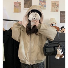 早春美式复古仿兔毛pu皮面棉衣外套女2025加绒保暖情侣连帽夹克女