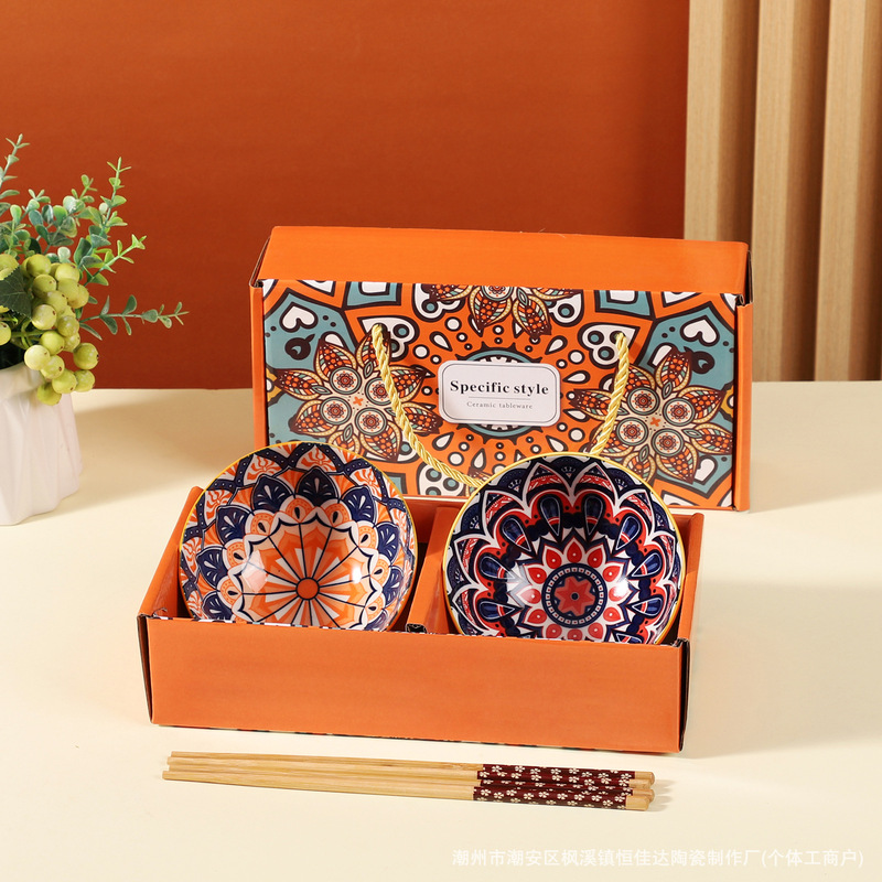 Bohemian Gift Ceramic Bowl and Chopsticks Set Wholesale Dishes Household Rice Bowls Tableware Gift Box Tableware Set