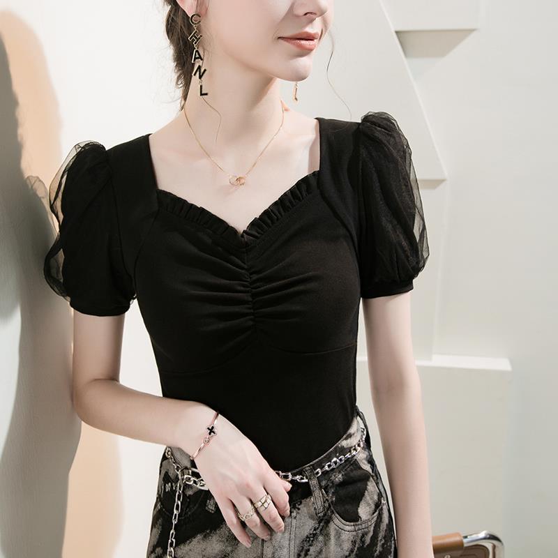 꽃잎 칼라 티셔츠 여성용 반팔 퍼프 슬리브 2023 여름 새로운 슬림핏 웨스턴 스타일 여성 탑 여름 소형 셔츠