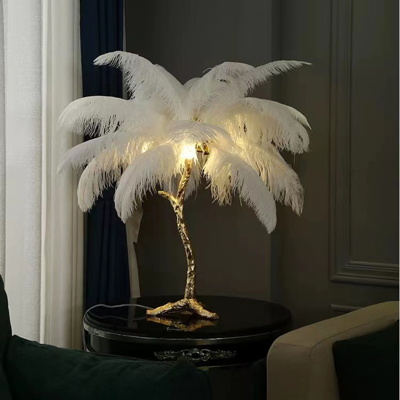 Italian Light Luxury Ostrich Hair All Copper Table Lamp/Soft Design/Villa/Model Room/Hotel Restaurant Feather Table Lamp