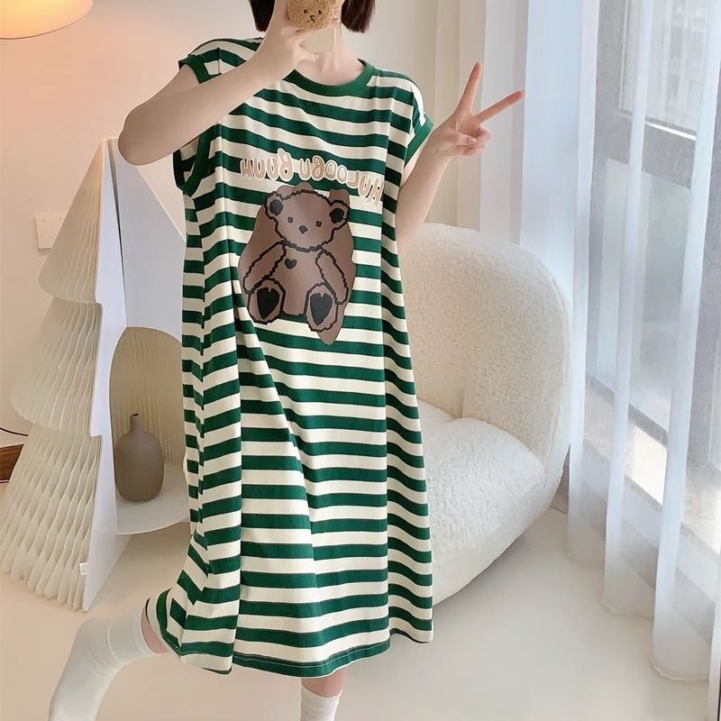 Striped Mid-Length Nightgown for Women, Summer Sleeveless Loose Plus-Size Maternity Dress, Can Be Worn Outside as Loungewear for Plus-Size Women