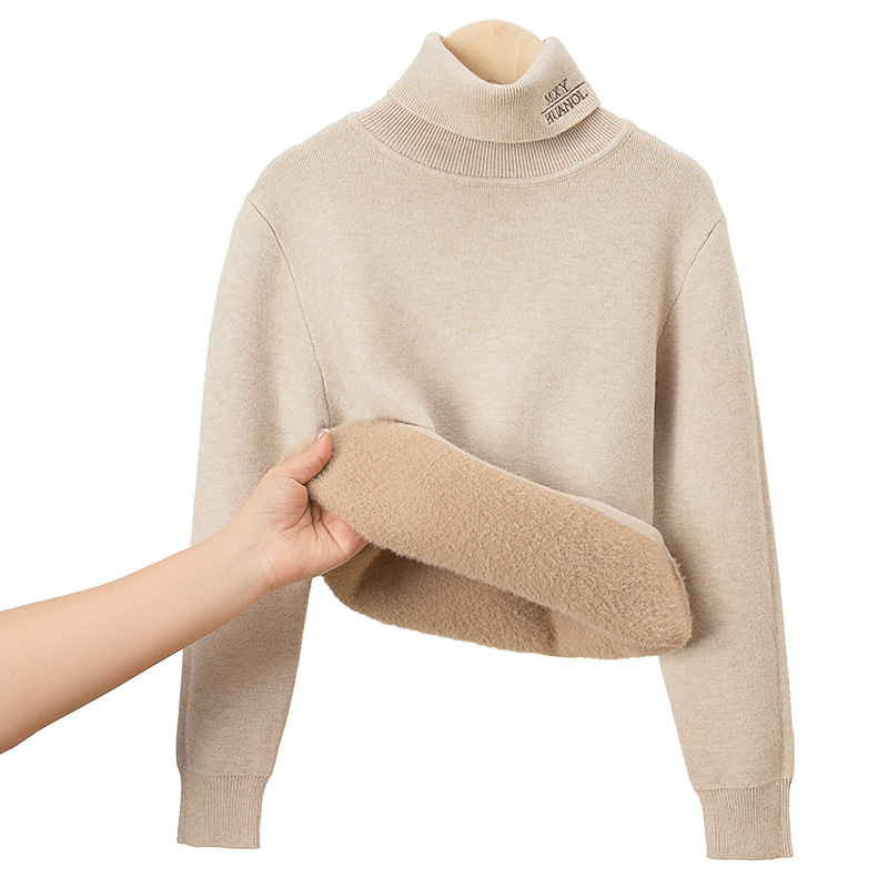 Suéter de cuello alto grueso con forro polar para niños, tejido integrado para niños mayores, capa base de imitación de visón, diseño moderno con letras para niños pequeños y niños.