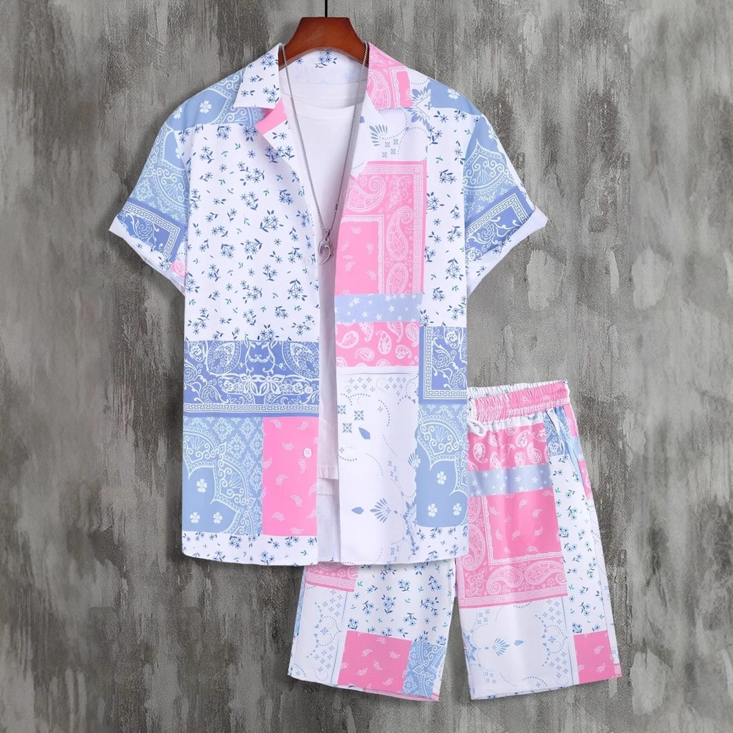 Color de contraste retro tótem impresión 3D comercio exterior Xiyin venta caliente verano hawaiano vacaciones camisa pantalones cortos traje de 2 piezas