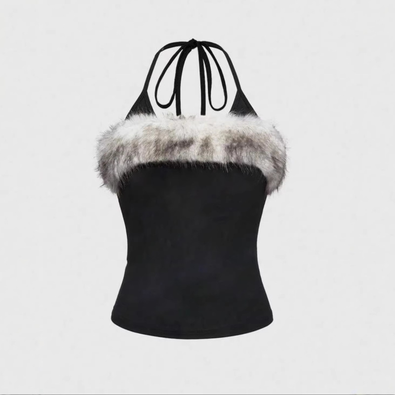 European and American Cross-Border Design-Inspired Fur Collar Sexy Summer New Halter Neck Niche Casual Ins Black Sleeveless Tank Top European and American Cross-Border Design-Inspired Fur Collar Sexy Summer New Halter Neck Niche Casual Ins Black Sleeveless Tank Top