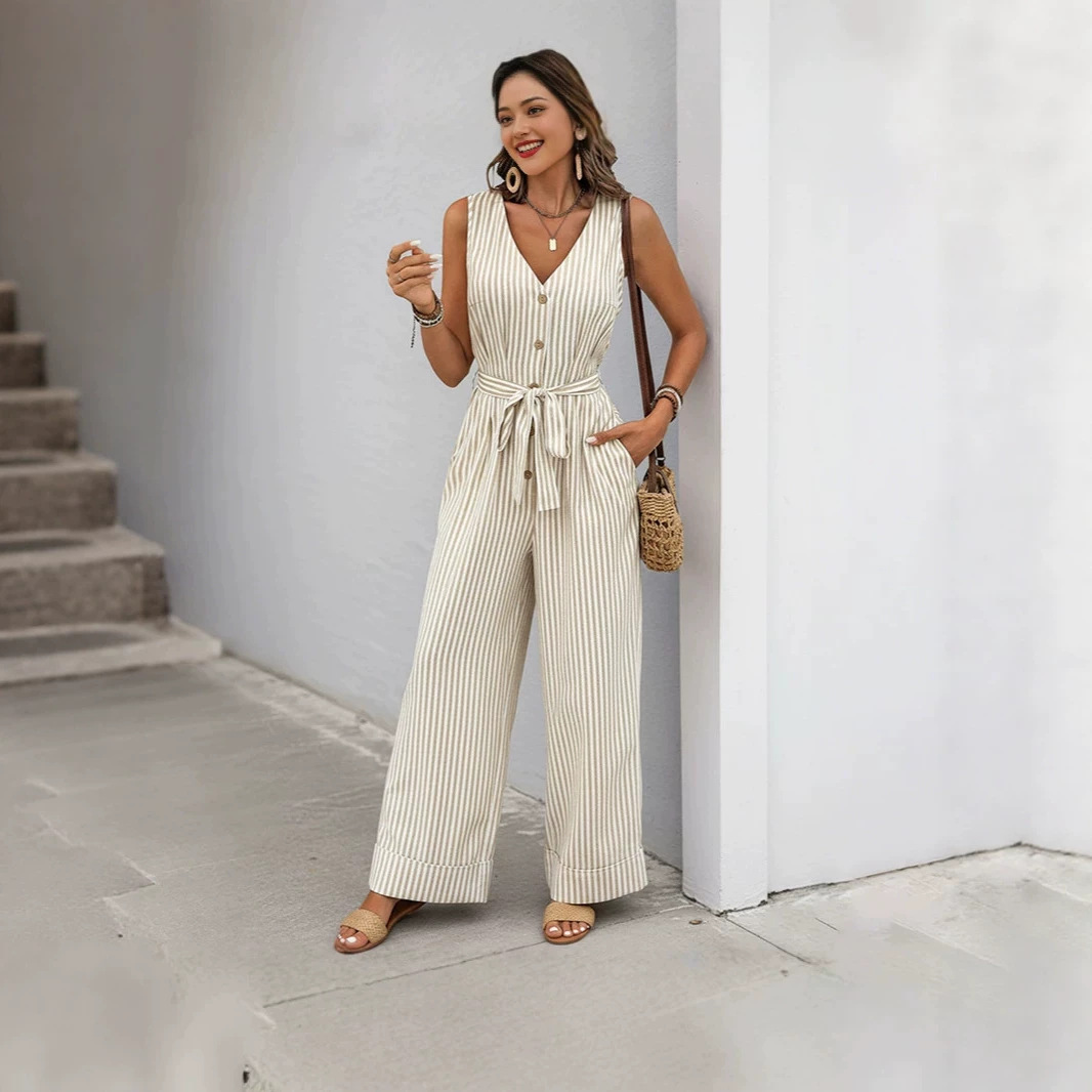 Foreign trade women's clothing, European and American style, new summer striped tie-up jumpsuit, light luxury high-end V-neck wide-leg pants, cross-border