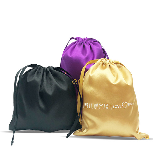 Custom Black Satin Fabric Bags, Simulated Silk Pouch Bags, Hairpiece Packaging and Storage Bags for Clothes