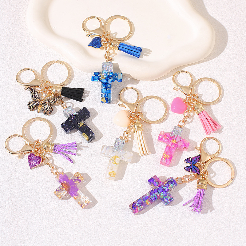 Creative New Resin Stone with Metal Elements Cross Key Chain with Tassel Love Butterfly Keychain for Women