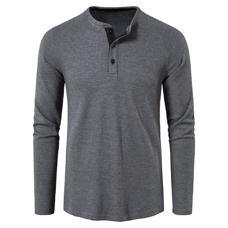 Mote langermet Henley-T-skjorte for menn Sport Uformelle gensere Løse topper Bluse Knapp Ensfarget Herre-T-skjorter Undertrøyer_voghion.com