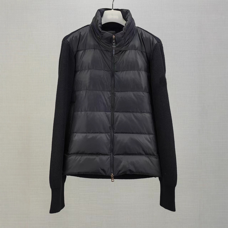 New Style Knitted Patchwork down Jacket for Men, Short Style with Stand Collar, Thin White Duck down Cardigan Sweater with Foldable Hood