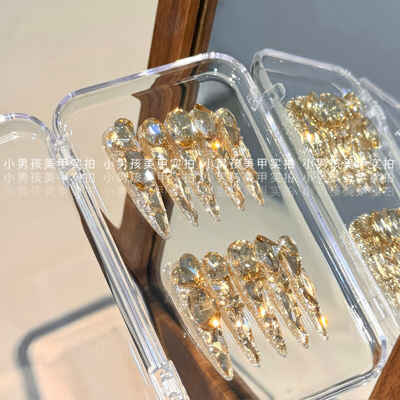 Champagne Gold Luxurious Sparkling Full Diamond Nail Art for Little Boys, Handmade Wearable Nails with Removable Patches