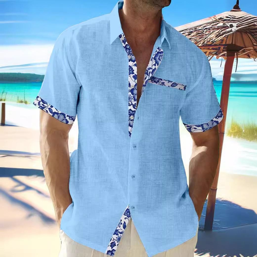 Cardigan décontracté à manches courtes pour hommes, chemise de plage hawaïenne à col Polo contrasté sur le devant, 2024, 2119_voghion.com