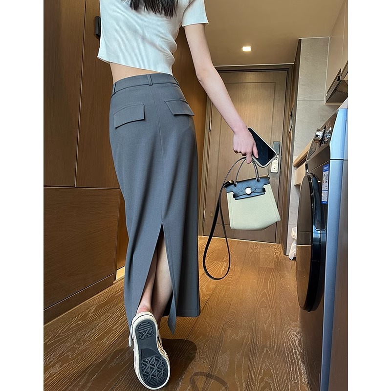 Traje gris falda de media longitud femenina 2025 nueva primavera y otoño cintura alta delgada falda recta temperamento a bolso