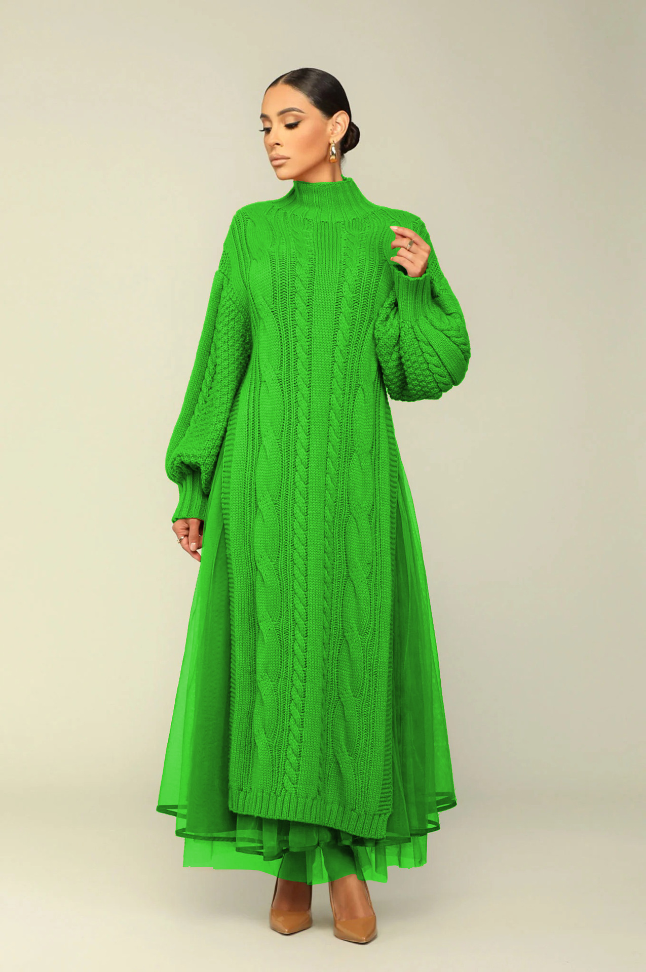 Women's Clothing women's fashion solid color lantern sleeve stand collar knitted skirt sweater skirt dress two piece suit_voghion.com