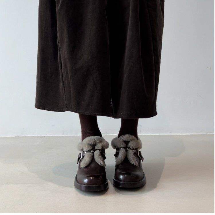 韩版保暖复古毛毛小皮鞋2025秋冬新款百搭皮带扣增高粗跟单鞋女潮