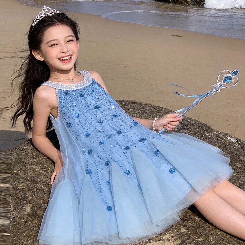 Girls' Summer Dress with Straps 2026 New Style Big Children's Stylish Tulle Dress for Girls Beach Vacation Dress